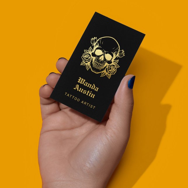 Tattoo Artist Floral Skull Black And Gold   Visitkort (Skapare uppladdad)