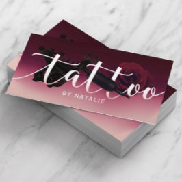 Tattoo Artist Gun & Flower Typography Burgundy Red Visitkort