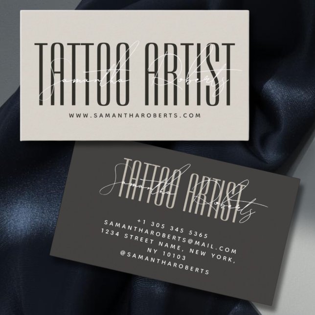Tattoo artist modern typography script beige gray visitkort (Skapare uppladdad)