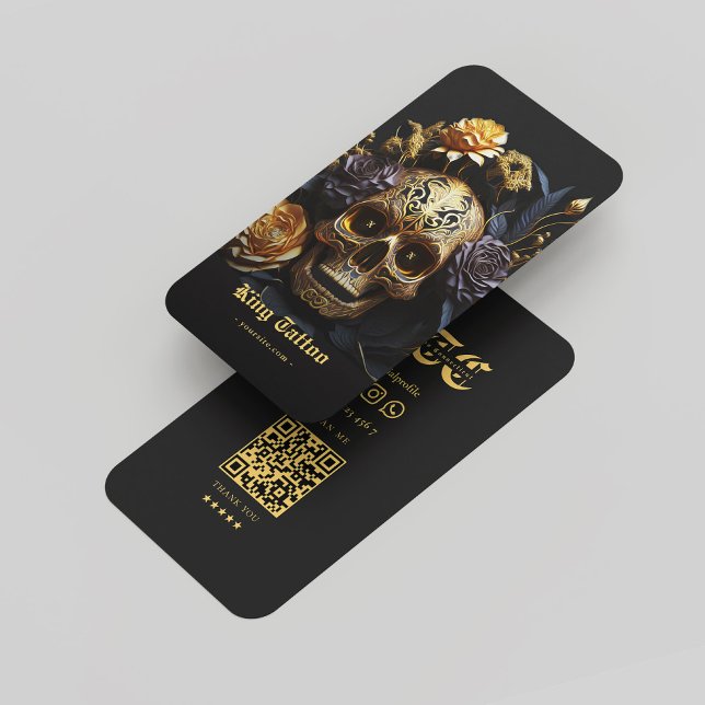 Tattoo Artist Monogram Black Guld Skull Modern Visitkort (Tattoo Artist Monogram Black Gold Skull Modern Business Card
)