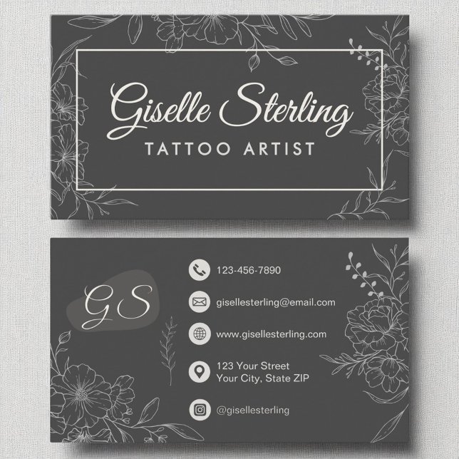 Tattoo Artist Moody Charcol Grått Blommigt Modern Visitkort (Skapare uppladdad)
