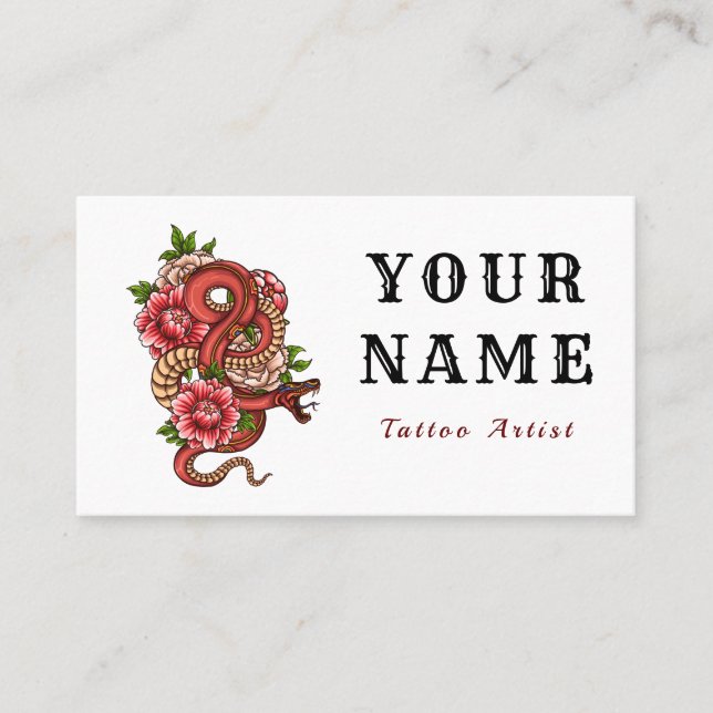 Tattoo Artist Salon Blommigt Red Snake Minimal Ret Visitkort (Framsida)