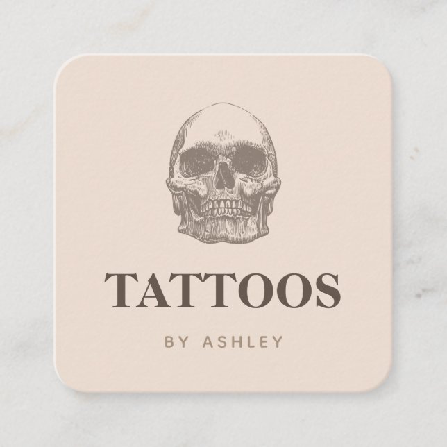 Tattoo Artist Social Media Skull Beige Modern Fyrkantigt Visitkort (Framsida)