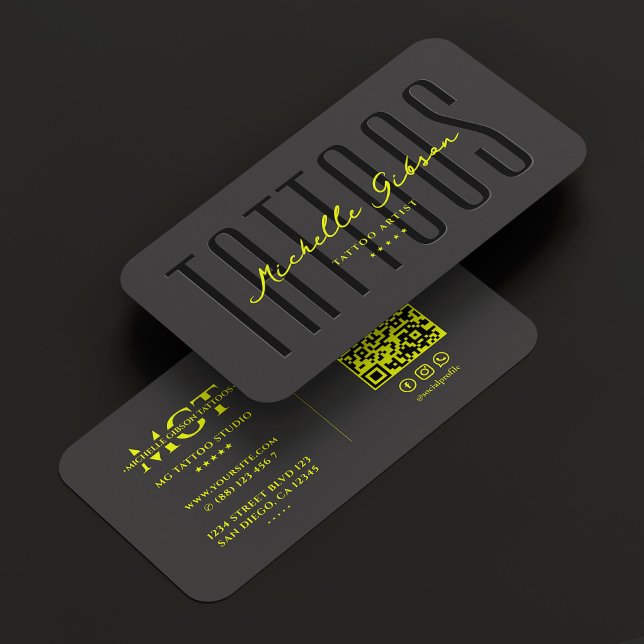 Tattoo Artist Tattoos Neon Gult Modern Visitkort (Tattoo Artist Tattoos Neon Yellow Modern Business Card
)