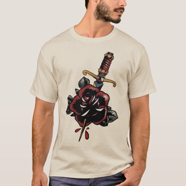 tattoo couteau rose fleur dague poignard transperc t shirt (Framsida)