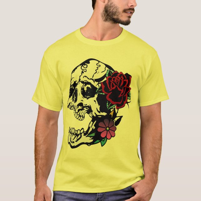 tattoo crane rose fleur tete de mort old school ta t shirt (Framsida)