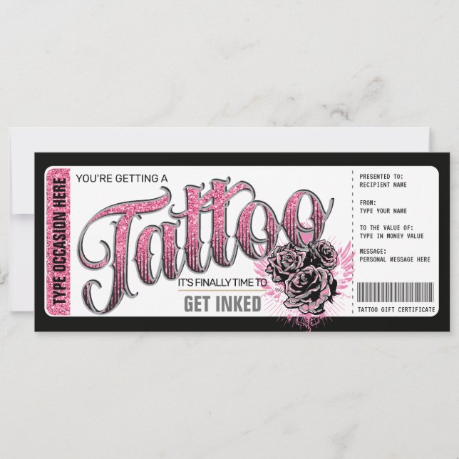 Tattoo Get Inked Presentkort Voucher Rosa Inbjudningar (Framsida)