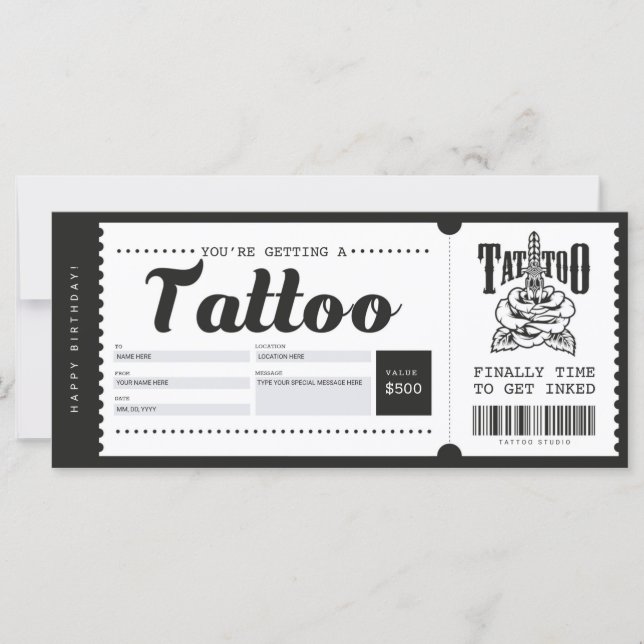 Tattoo Gift Card Biljett-kupongcertifikat (Framsida)