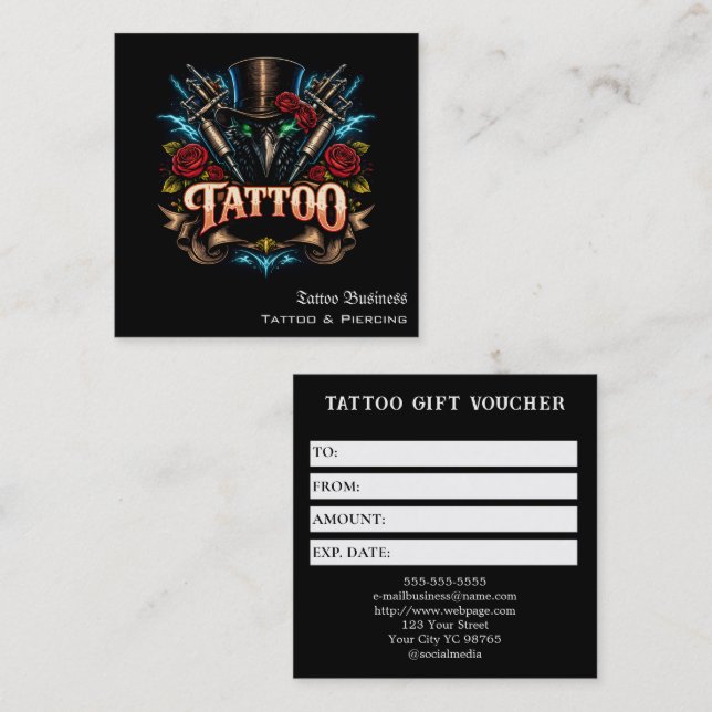 Tattoo Gift Voucher Fyrkantigt Visitkort (Fram/baksida)