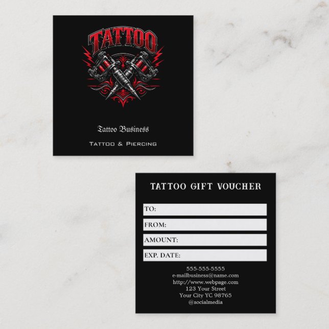 Tattoo Gift Voucher Fyrkantigt Visitkort (Fram/baksida)