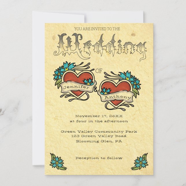 Tattoo Hearts och Tattooed Lettering Bröllop Inbjudningar (Framsida)
