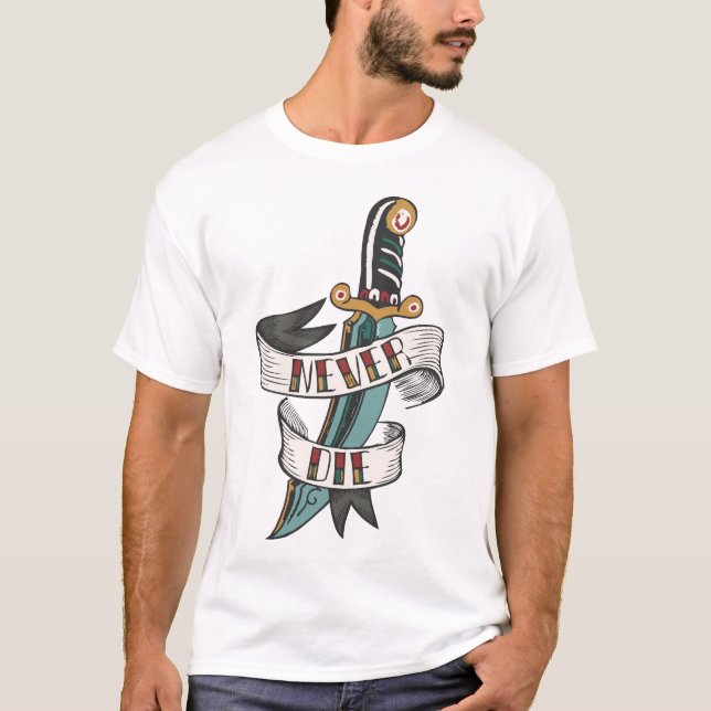 tattoo poignard dague banderole never die couteau  t shirt (Framsida)