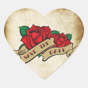 Tattoo Ro Rockabilly Save Date Bröllop Sälar Hjärtformat Klistermärke