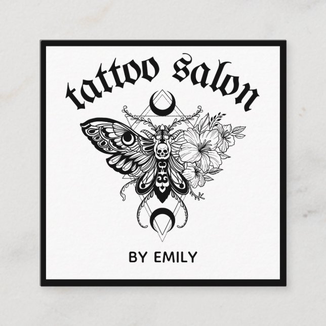 Tattoo Salon Butterfly Moth Black & White Fyrkantigt Visitkort (Framsida)