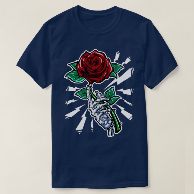 Tattoo Skeleton Hand Röd ros Flower T Shirt (Design framsida)