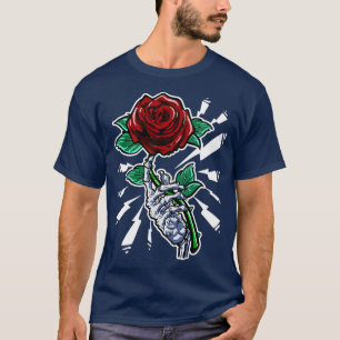 Tattoo Skeleton Hand Röd ros Flower T Shirt