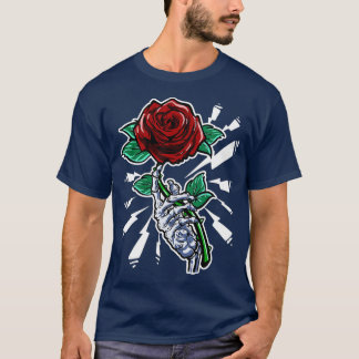 Tattoo Skeleton Hand Röd ros Flower T Shirt