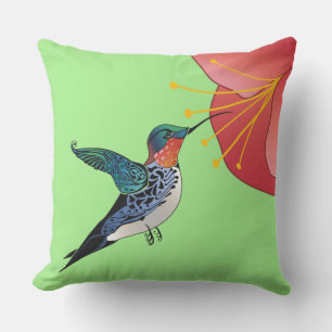 Tattoo Stil Hummingbird Red Tropical Flower Kudde