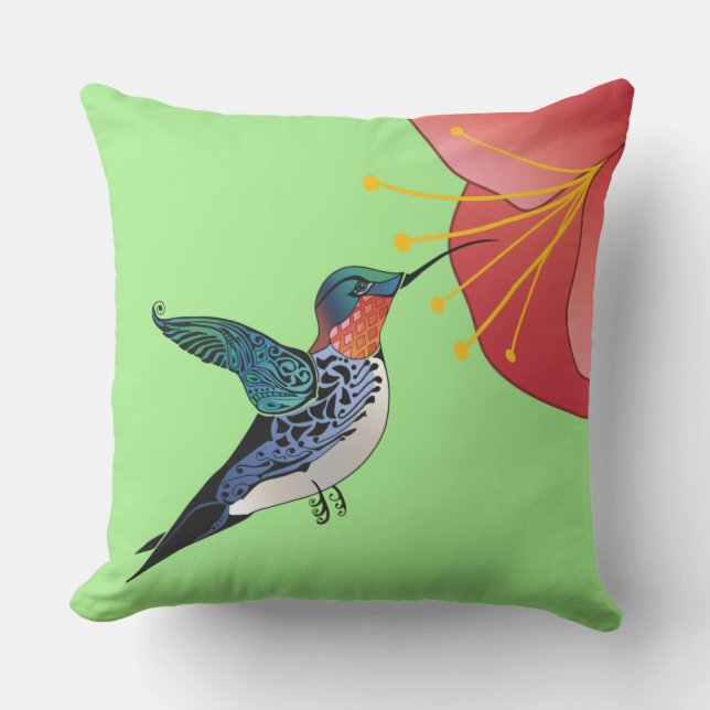 Tattoo Stil Hummingbird Red Tropical Flower Kudde (Framsida)
