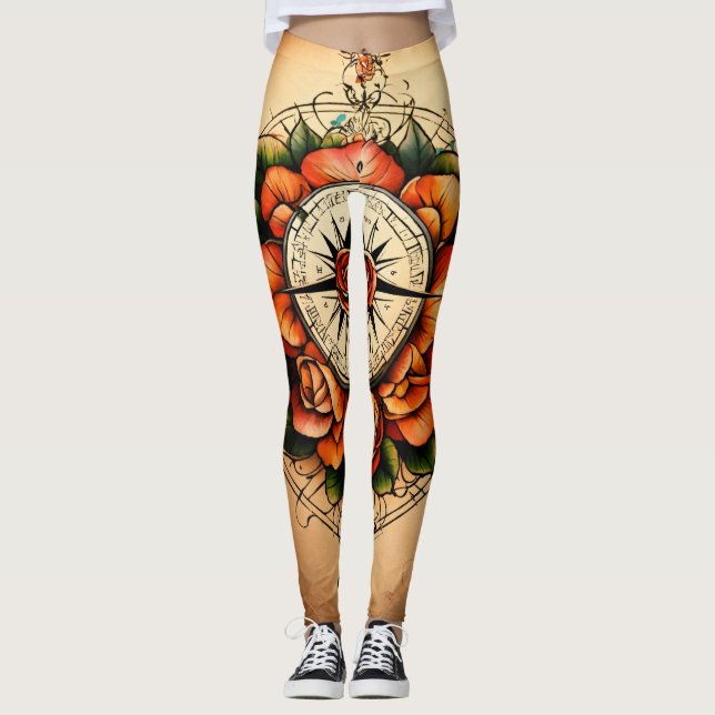 Tattoo stil-ro-kompass med vacker ansats leggings (Framsida)