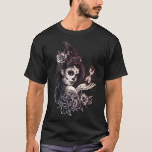Tattoo Stil Sugar Skull Girl with Bird T Shirt