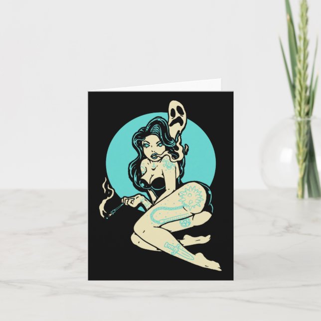 Tattooed Goth Pin-up Girl Horror Ghost Måne Rockab Kort (Framsida)