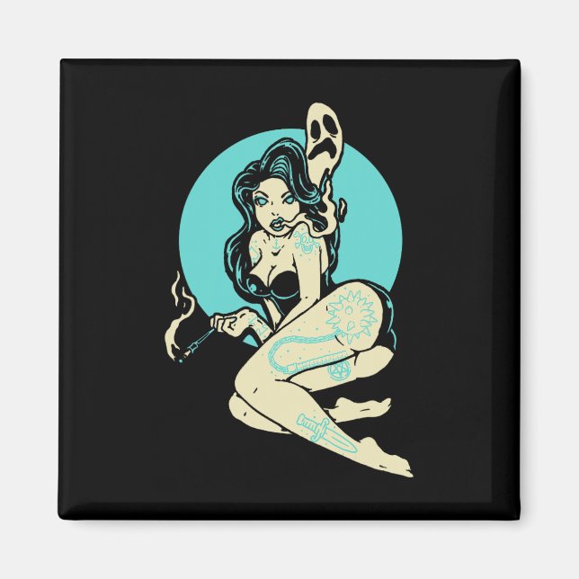 Tattooed Goth Pin-up Girl Horror Ghost Måne Rockab Magnet (Framsidan)
