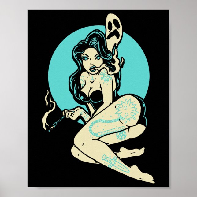 Tattooed Goth Pin-up Girl Horror Ghost Måne Rockab Poster (Framsidan)