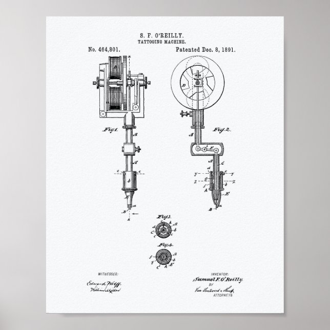 Tattooing Machine 1891 Patent Art White Paper Poster (Framsidan)
