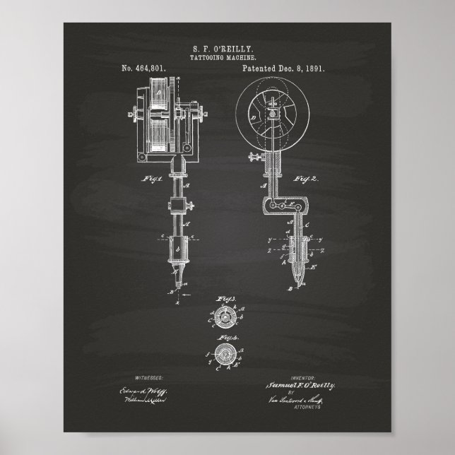 Tattooing Maskin 1891 Patent Art Chalkboard Poster (Framsidan)