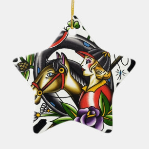 Tatuera vattenfärgen av en irländsk flicka och julgransprydnad keramik