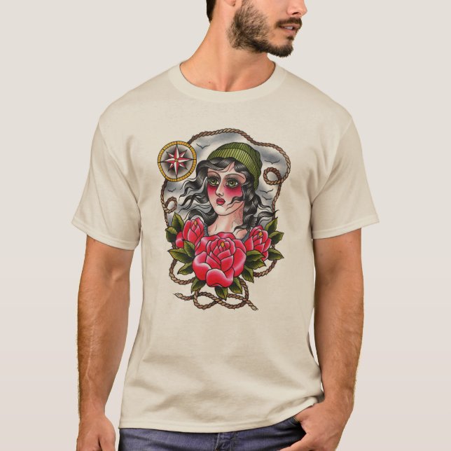Tatuerad sjömanflickautslagsplats tee shirt (Framsida)