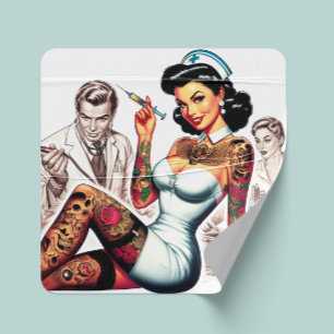 Tatuerad sjuksköterska pin-up fyrkantigt klistermärke