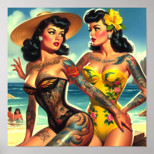 Tatuerade Vintage Beach Pin-ups Poster (Framsidan)