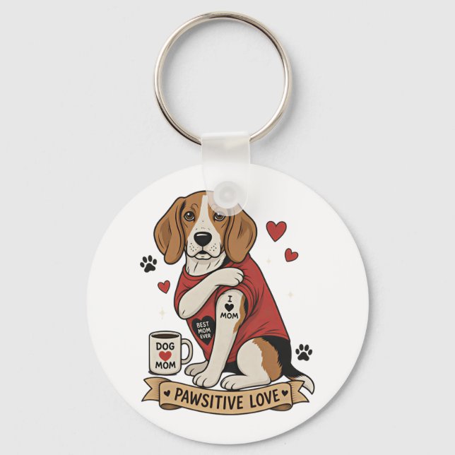 Tatuering Beagle Hund Illustration Jag älskar mamm Nyckelring (Framsida)