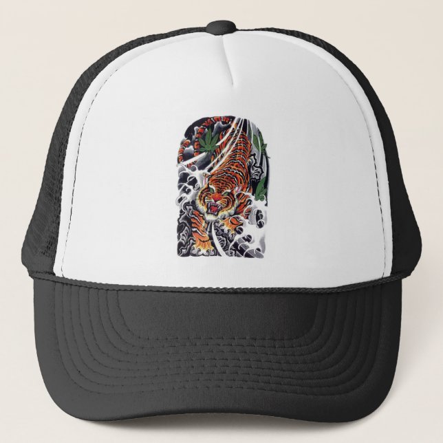 Tatuering design med Tiger & lönnlöv Truckerkeps (Framsida)