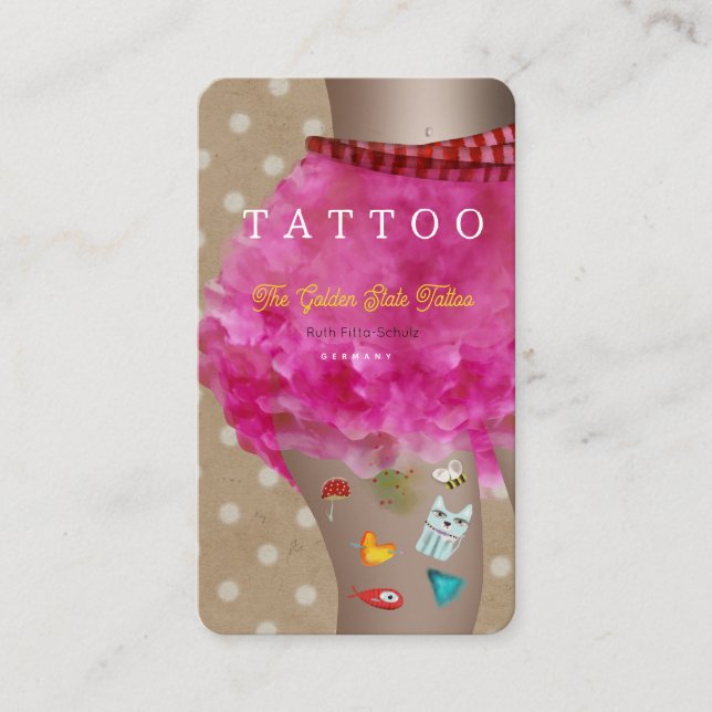 Tatuering kawaii bedårande bläck rosa och brun  visitkort (Framsida)