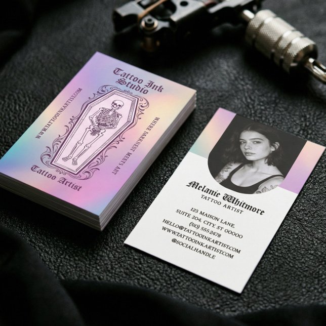 Tatuering Konstnär Foto Iridescent Gothic Skelett Visitkort (Iridescent Gothic Skeleton Tattoo Artist Photo Business Card)
