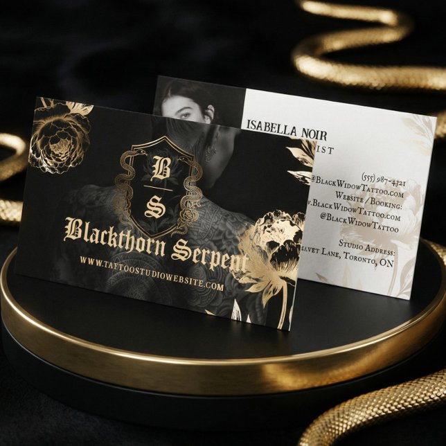 Tatuering Konstnär Foto Monogram Svart Guld Orm  Visitkort (Tattoo Artist Photo Monogram Black Gold Snake Business Card)
