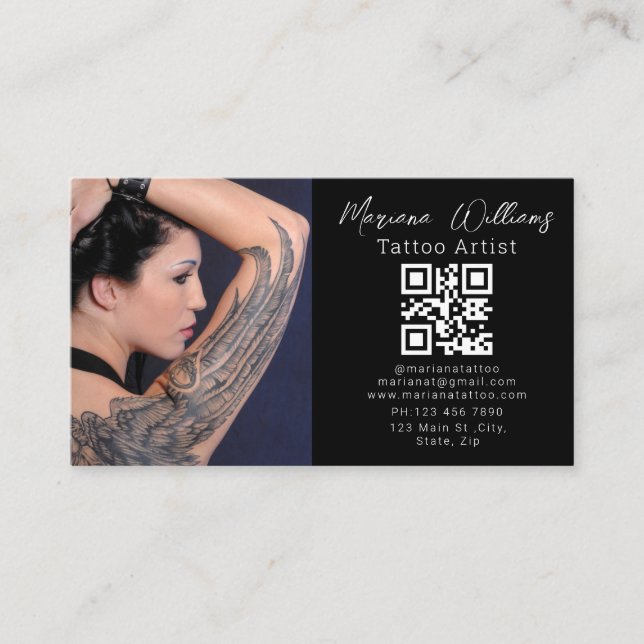 tatuering konstnär foto qr-kod svart visitkort (Framsida)