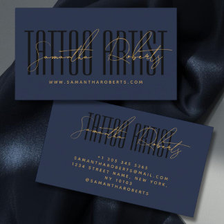 Tatuering konstnär modern typografi skrift blå sva visitkort