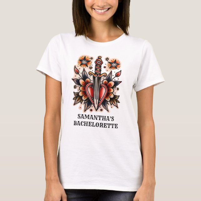 Tatuering Stil Hjärt Dagger Retro Möhippa Fest T Shirt (Framsida)
