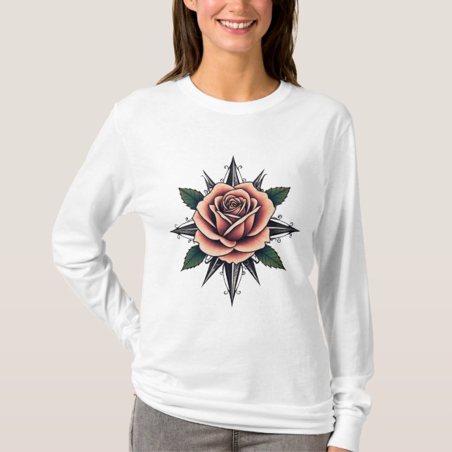 Tatuering Stil Ros Kompass T-Shirt Design (Framsida)