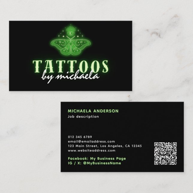 Tatueringkonstnär Neon Mystisk Celest Moth Visitkort (Fram/baksida)