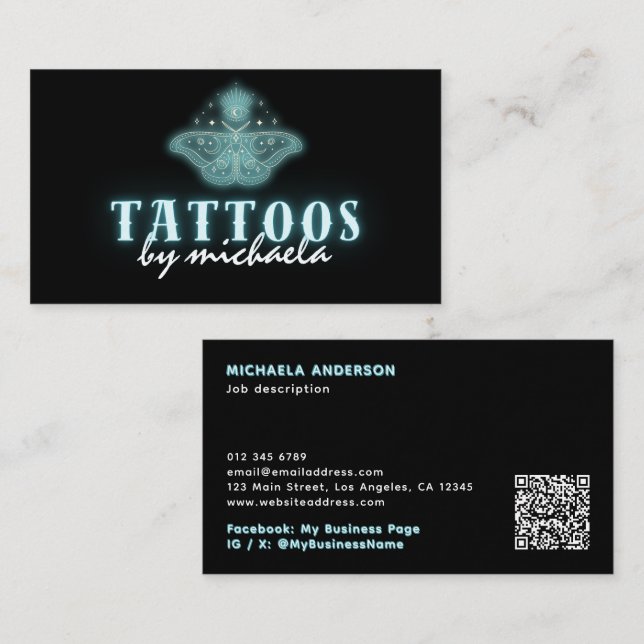 Tatueringkonstnär Neon Mystisk Celest Moth Visitkort (Fram/baksida)