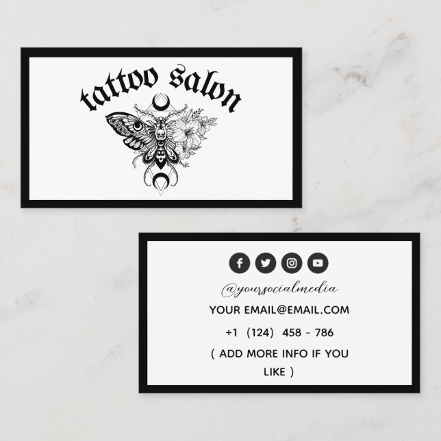 Tatueringssalong Fjäril Moth Svart & Vit Visitkort (Fram/baksida)
