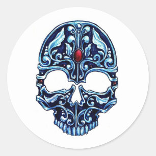 Tatueringssymbol för coola tecknad blått skalle av runt klistermärke