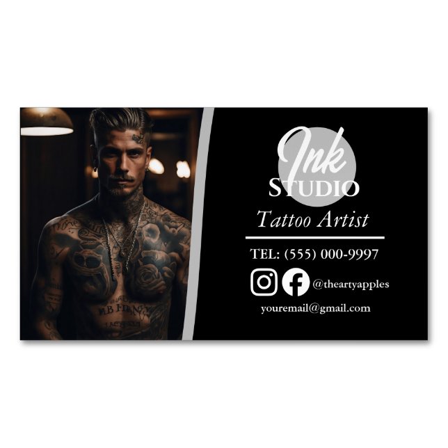Tatueringstudio Svart Foto AffärsKort | Magnetiska Visitkort (Framsida)