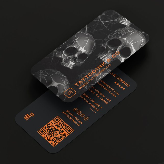 Tatuör Skalle Foto Initial Logotyp Svart Orange Visitkort (Tattooist Skull Photo Initial Logo Black Orange Business Card
)