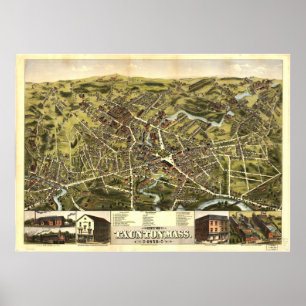 Taunton Massachusetts 1875 Antique Panoramic Karta Poster